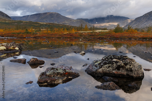 Autumn Mountain Lake Landscape With Reflections, Large Rocks, and Calm Water in Remote Valley