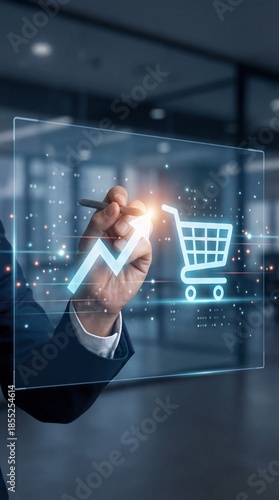 online marketing businessman touch cart analysis strategy digital hologram screen vertical concept