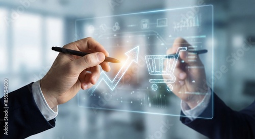 online marketing businessman touch cart analysis strategy digital hologram screen concept