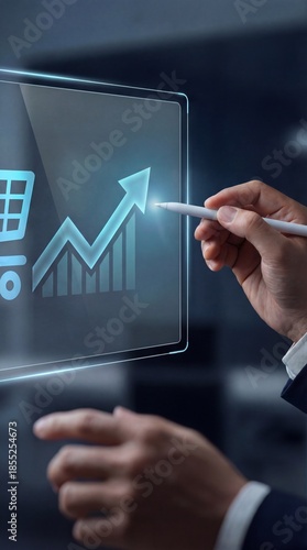 online marketing businessman touch cart analysis strategy digital hologram screen vertical concept