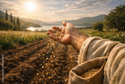  Close-up of a Jesus Christ sowing seeds by hand across tilled earth during a golden sunset, illustrating the Parable of the Sower.