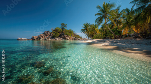 Tropical paradise with crystal clear waters and palm trees on sandy beach