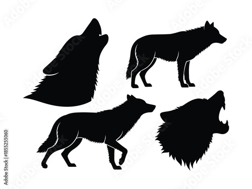 Silhouettes of howling and standing wolves in a monochromatic style