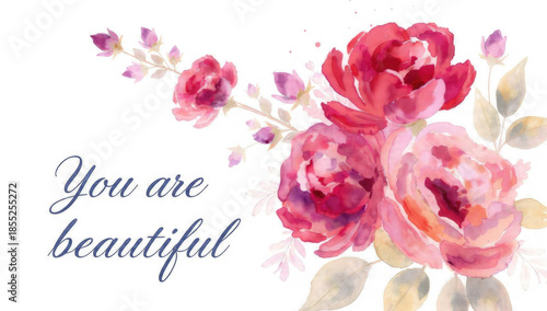 Watercolor Roses with 'You Are Beautiful' Message