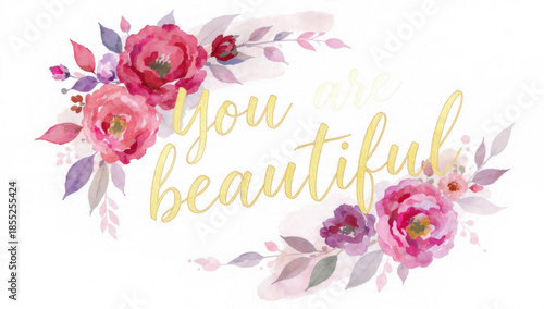You Are Beautiful Floral Watercolor Illustration