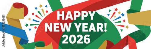 Happy New Year 2026 holiday greeting card with colorful wrapping ribbons and fireworks explosion decoration for festive season celebration party invitation banner.