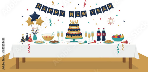 New Year party table setting with cake champagne glasses food snacks and hanging bunting banner decoration for holiday celebration dinner banquet feast event