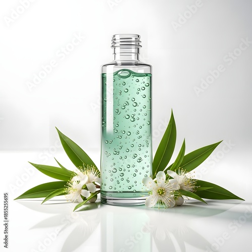 A crystal-clear hand sanitizer bottle with gel texture visible inside and tea tree leaves placed beside it for botanical identity. 