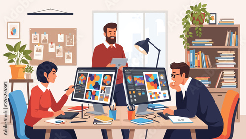 Modern flat vector illustration of graphic designers working together in creative studio with computers and tools, ideal for design agency and business content