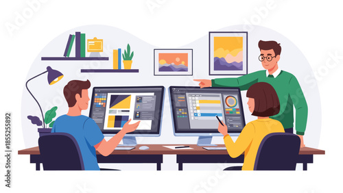Modern flat vector illustration of graphic designers working together in creative studio with computers and tools, ideal for design agency and business content