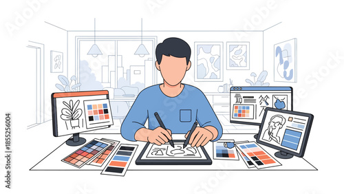 Modern flat vector illustration of illustrator drawing on digital tablet in creative studio, ideal for art, design and creative workflow concepts