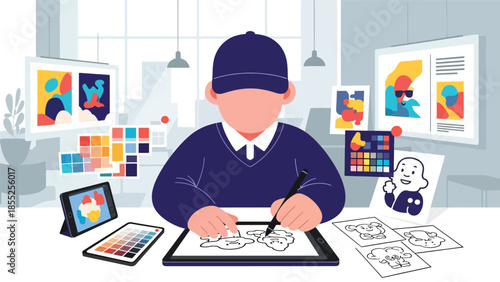 Modern flat vector illustration of illustrator drawing on digital tablet in creative studio, ideal for art, design and creative workflow concepts