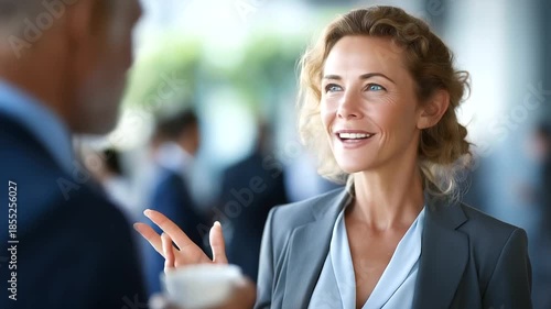 Senior business professional in eyewear conversing at networking gathering faceless female specialist defocused congress background entrepreneurial discussion industry event