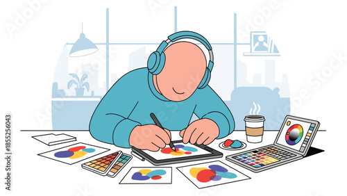 Modern flat vector illustration of illustrator drawing on digital tablet in creative studio, ideal for art, design and creative workflow concepts