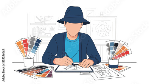 Modern flat vector illustration of illustrator drawing on digital tablet in creative studio, ideal for art, design and creative workflow concepts
