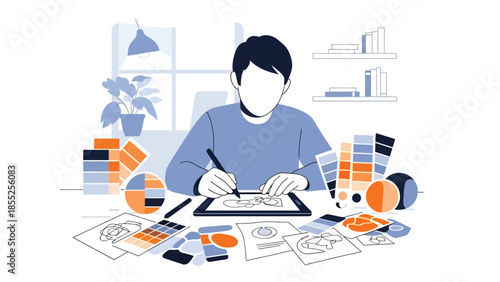 Modern flat vector illustration of illustrator drawing on digital tablet in creative studio, ideal for art, design and creative workflow concepts