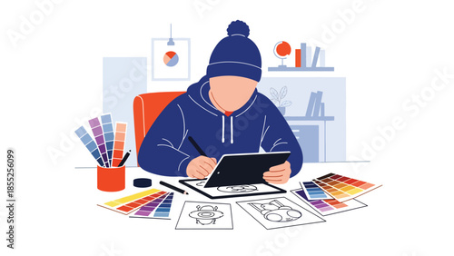 Modern flat vector illustration of illustrator drawing on digital tablet in creative studio, ideal for art, design and creative workflow concepts