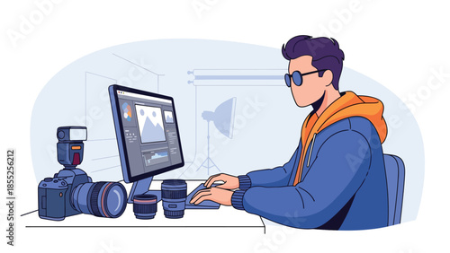 Modern flat vector illustration of photographer editing photos on computer in studio with camera equipment, ideal for photography and media themes