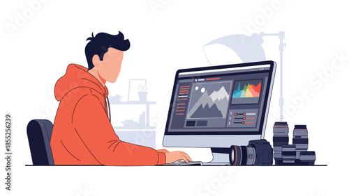 Modern flat vector illustration of photographer editing photos on computer in studio with camera equipment, ideal for photography and media themes