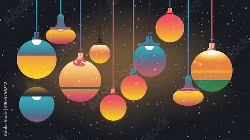 Colorful hanging ornaments in space