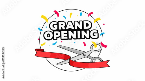 Vibrant grand opening celebration with colorful confetti and ribbon