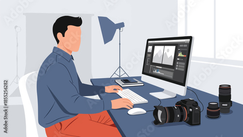 Modern flat vector illustration of photographer editing photos on computer in studio with camera equipment, ideal for photography and media themes