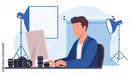 Modern flat vector illustration of photographer editing photos on computer in studio with camera equipment, ideal for photography and media themes