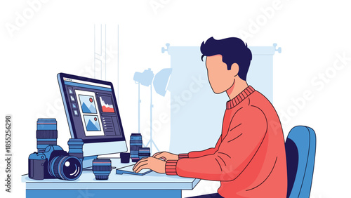 Modern flat vector illustration of photographer editing photos on computer in studio with camera equipment, ideal for photography and media themes