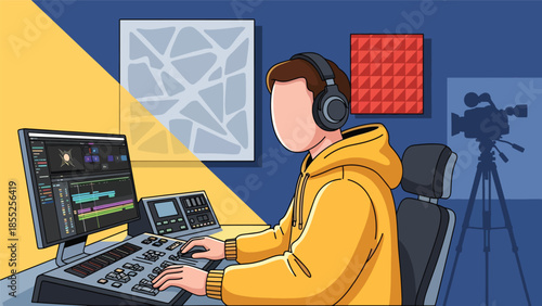 Modern flat vector illustration of video editor working with editing timeline and headphones in media studio, ideal for film and video production themes