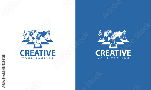 Strategy Consulting Logo with Chess Pieces and Global Map Icon