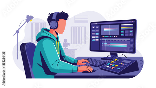 Modern flat vector illustration of video editor working with editing timeline and headphones in media studio, ideal for film and video production themes