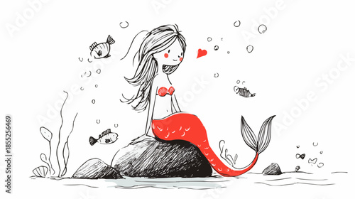Cute vector illustration of mermaid sitting on a rock with fish and bubbles around her. Perfect for Valentines Day, nursery wall art, birthday invitations, and children’s packaging