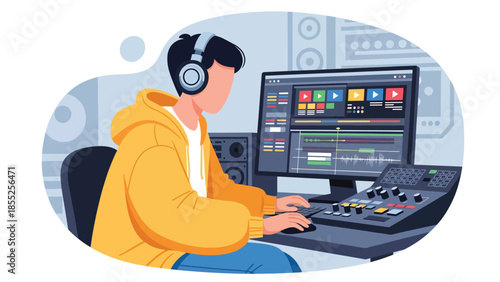 Modern flat vector illustration of video editor working with editing timeline and headphones in media studio, ideal for film and video production themes