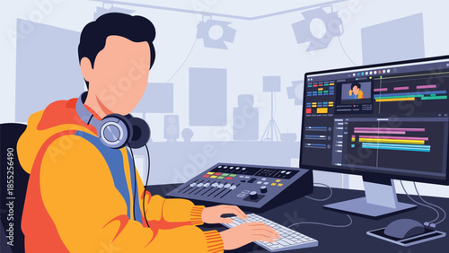 Modern flat vector illustration of video editor working with editing timeline and headphones in media studio, ideal for film and video production themes