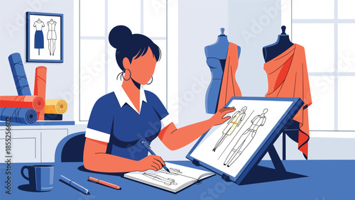 Modern flat vector illustration of fashion designer sketching clothing ideas in fashion studio, ideal for fashion design and creative industry visuals