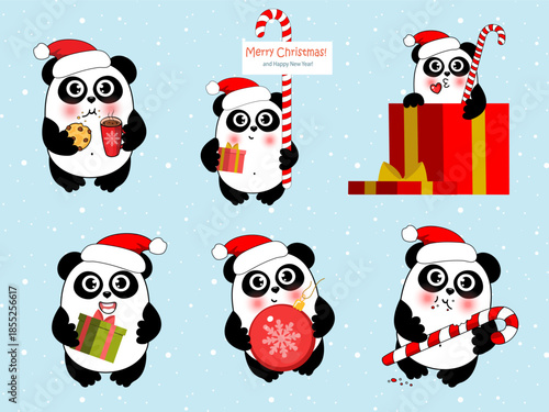 Cute Christmas panda set. Winter kids illustration. Christmas character.