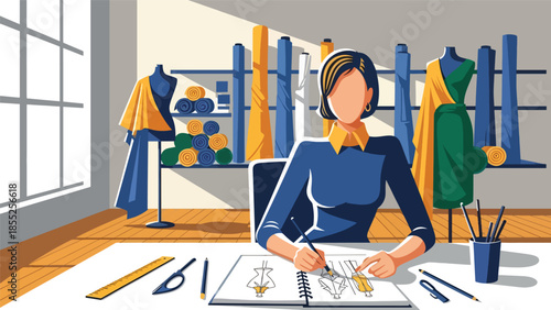 Modern flat vector illustration of fashion designer sketching clothing ideas in fashion studio, ideal for fashion design and creative industry visuals