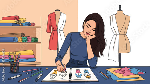 Modern flat vector illustration of fashion designer sketching clothing ideas in fashion studio, ideal for fashion design and creative industry visuals