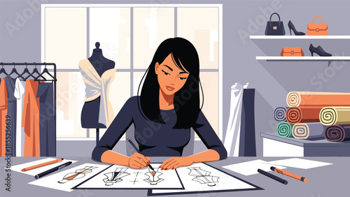 Modern flat vector illustration of fashion designer sketching clothing ideas in fashion studio, ideal for fashion design and creative industry visuals