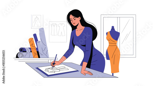 Modern flat vector illustration of fashion designer sketching clothing ideas in fashion studio, ideal for fashion design and creative industry visuals
