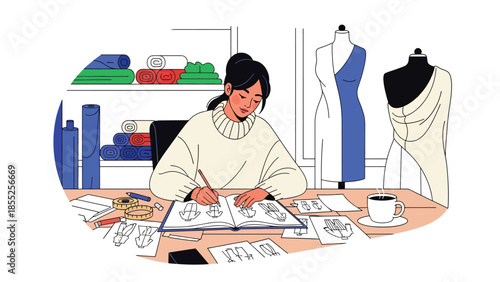 Modern flat vector illustration of fashion designer sketching clothing ideas in fashion studio, ideal for fashion design and creative industry visuals