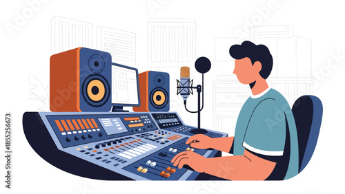 Modern flat vector illustration of music producer working at mixing desk in recording studio, ideal for music production and creative media themes