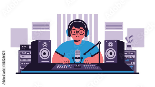 Modern flat vector illustration of music producer working at mixing desk in recording studio, ideal for music production and creative media themes