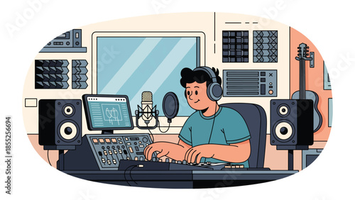 Modern flat vector illustration of music producer working at mixing desk in recording studio, ideal for music production and creative media themes