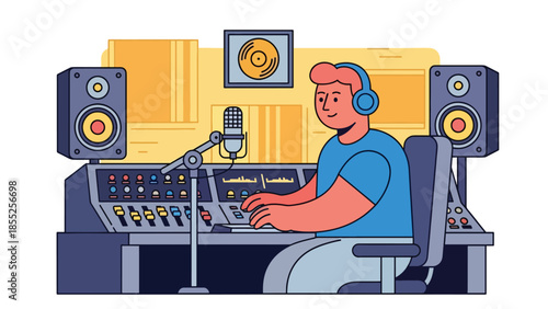 Modern flat vector illustration of music producer working at mixing desk in recording studio, ideal for music production and creative media themes
