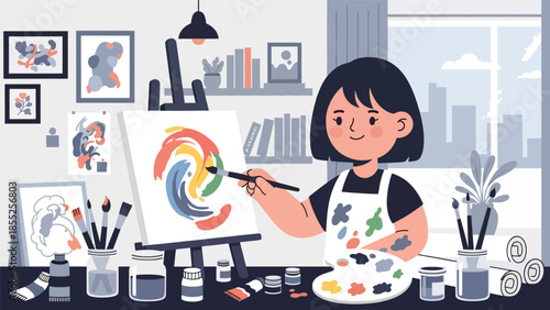 Modern flat vector illustration of artist painting on canvas in art studio, ideal for fine art, creativity and artistic profession visuals