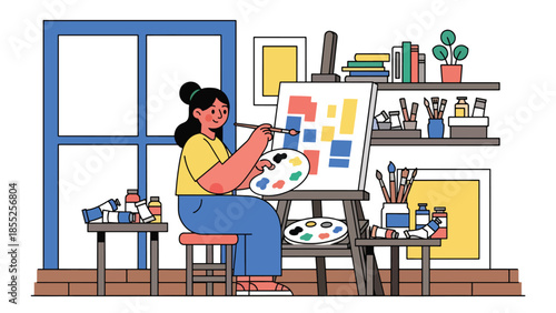 Modern flat vector illustration of artist painting on canvas in art studio, ideal for fine art, creativity and artistic profession visuals