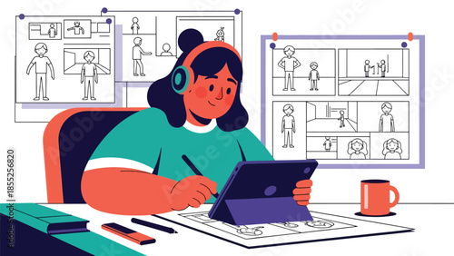 Modern flat vector illustration of animator working on character designs and storyboard in animation studio, ideal for animation and creative media themes