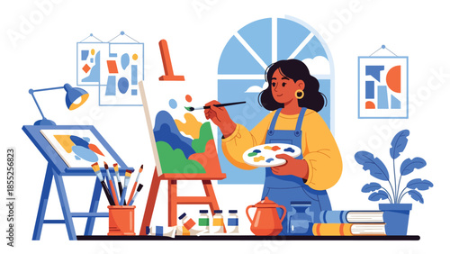 Modern flat vector illustration of artist painting on canvas in art studio, ideal for fine art, creativity and artistic profession visuals