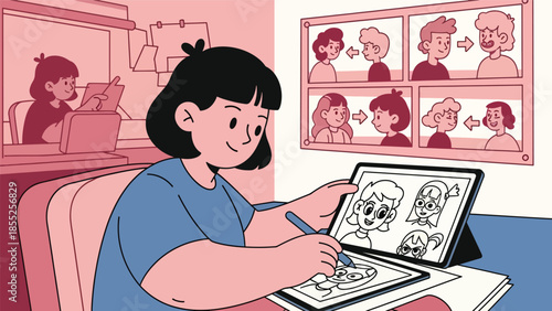 Modern flat vector illustration of animator working on character designs and storyboard in animation studio, ideal for animation and creative media themes